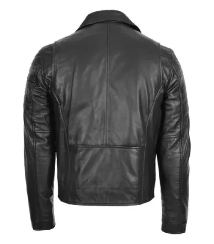 Back view of Black Dual-Zip Cross Leather Biker Jacket