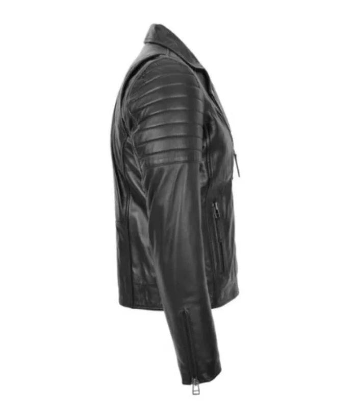 Detail view of Black Dual-Zip Cross Leather Biker Jacket