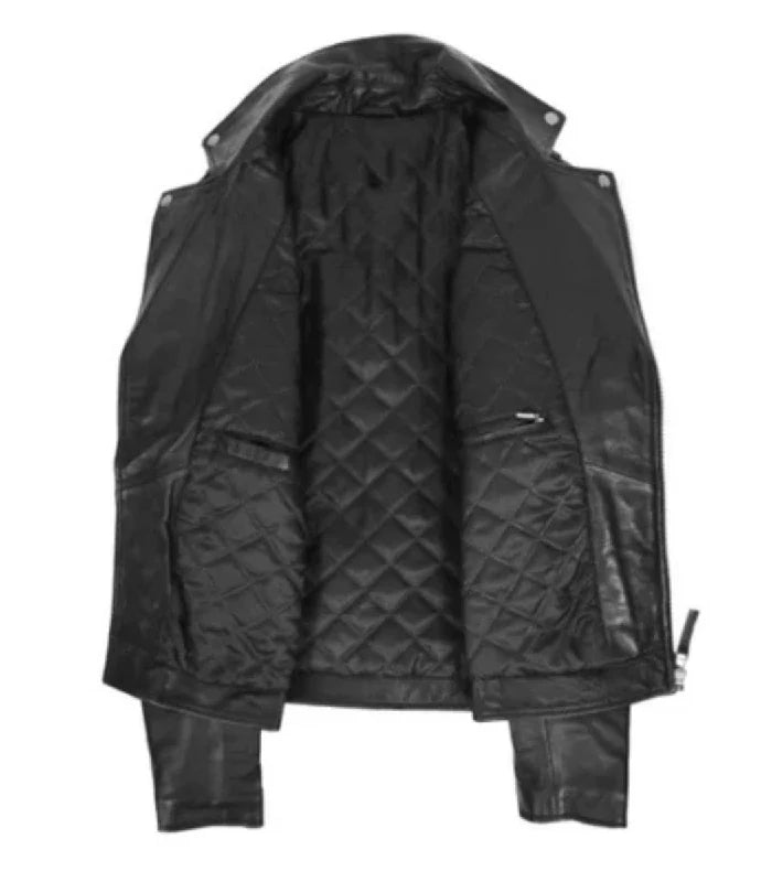 Side view of Black Dual-Zip Cross Leather Biker Jacket