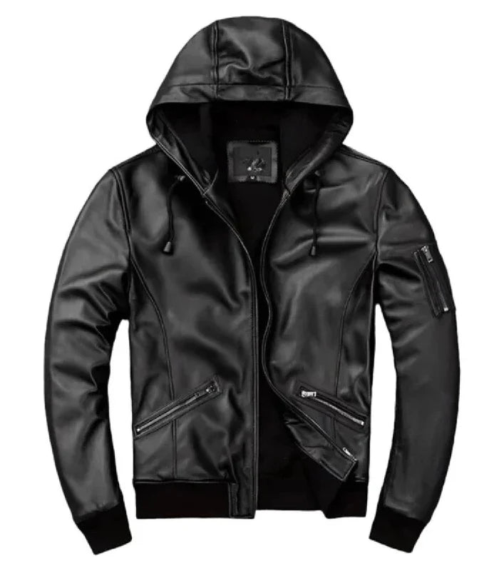 Front view of Black Hooded Bomber Leather Jacket