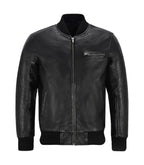 Front view of Men's Black Leather Bomber Jacket