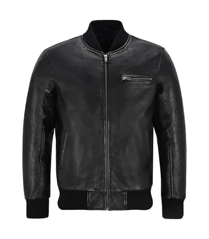 Front view of Men's Black Leather Bomber Jacket
