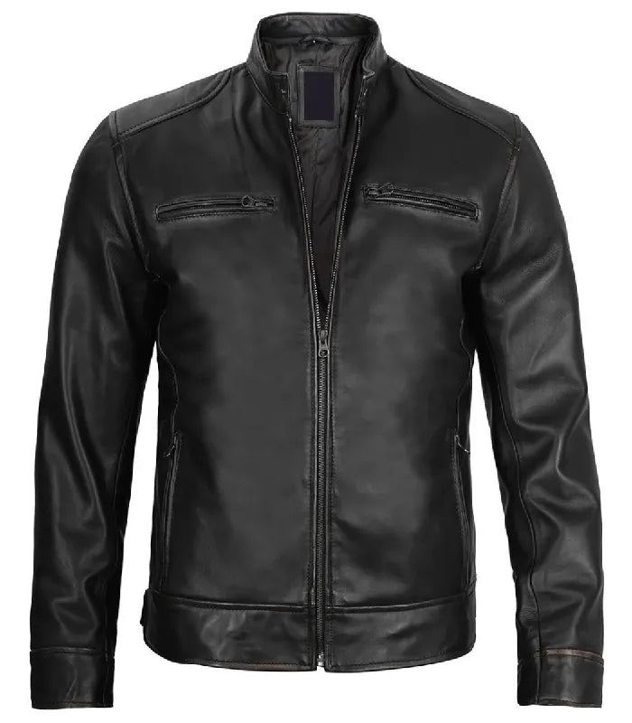 Front view of Men's Black Leather Cafe Racer Jacket