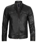 Front view of Men's Black Leather Cafe Racer Jacket