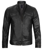 Front view of Men's Black Leather Cafe Racer Jacket