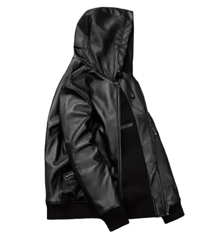 Side view of Black Hooded Bomber Leather Jacket