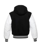 Back view of a black wool-body hooded letterman jacket with contrasting white sleeves and a striped athletic hem.