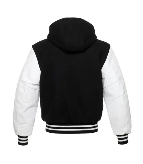 Back view of a black wool-body hooded letterman jacket with contrasting white sleeves and a striped athletic hem.