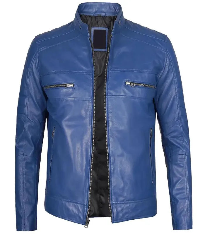 Back view of Men's Blue Cafe Racer Leather Jacket