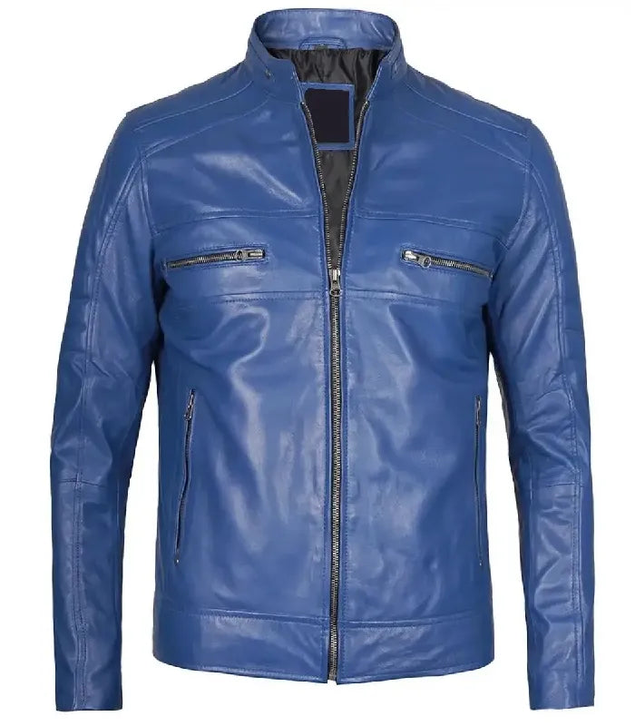Front view of Men's Blue Cafe Racer Leather Jacket
