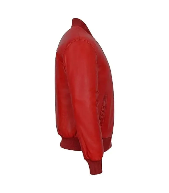 Side view of Men's Red Leather Bomber Jacket