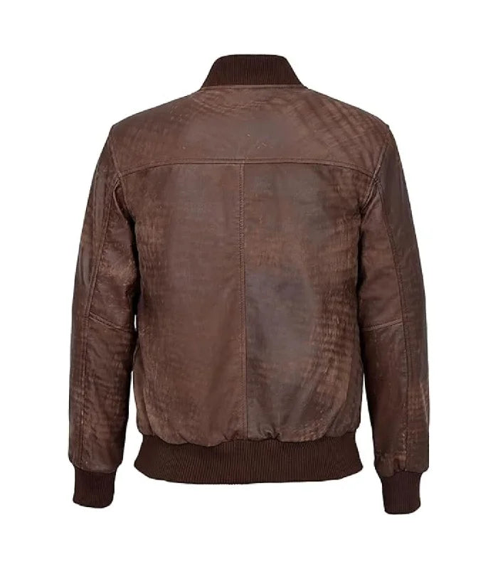Back view of Men's Brown Leather Bomber Jacket