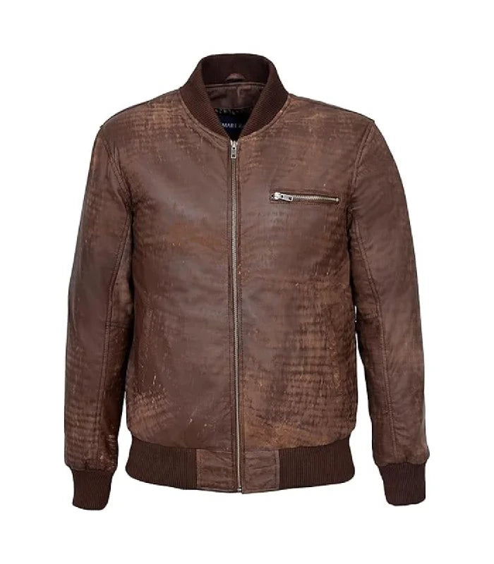Front view of Men's Brown Leather Bomber Jacket