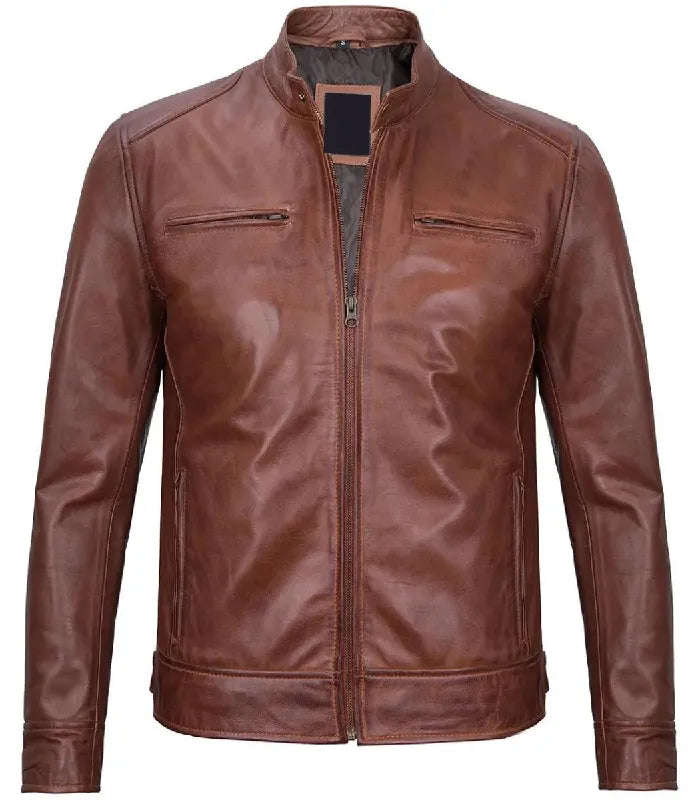 Front view of Men's Brown Leather Cafe Racer Jacket