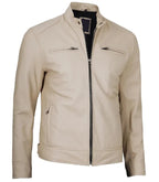 Detail view of Men's Cafe Racer Beige Leather Jacket