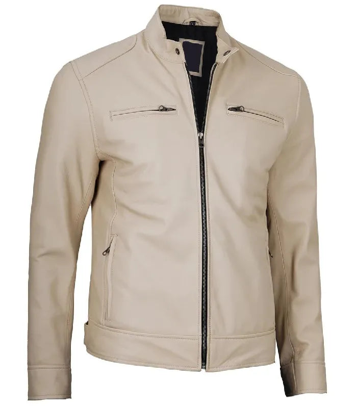 Detail view of Men's Cafe Racer Beige Leather Jacket