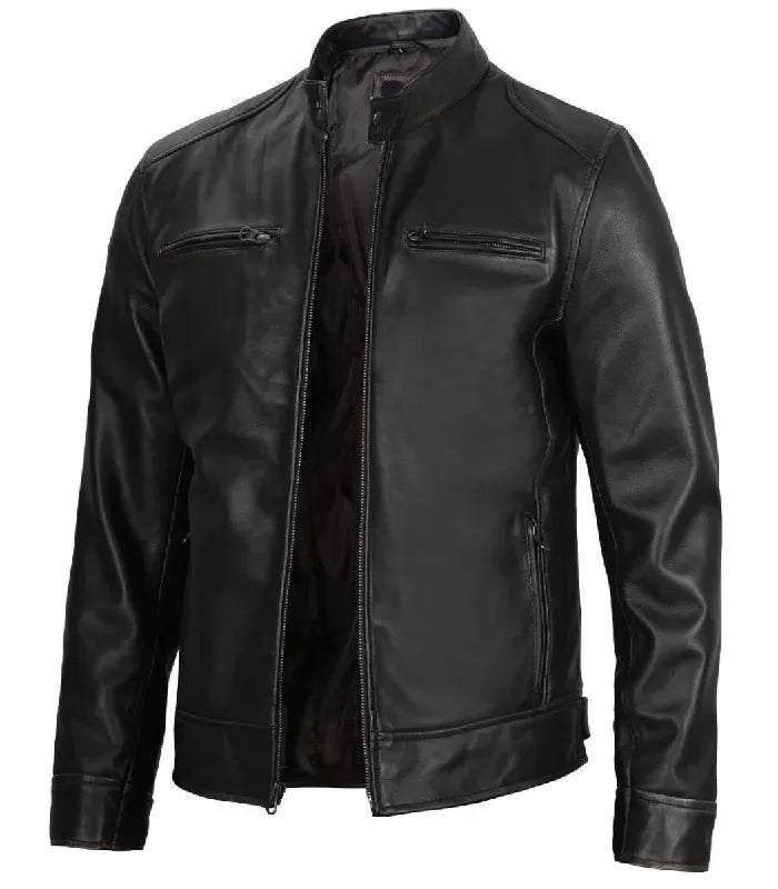 Detail view of Men's Black Leather Cafe Racer Jacket