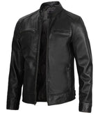 Detail view of Men's Black Leather Cafe Racer Jacket