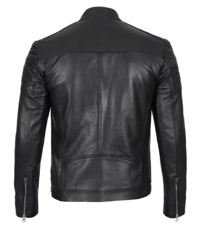 Back view of Men's Classic Black Leather Cafe Racer Jacket