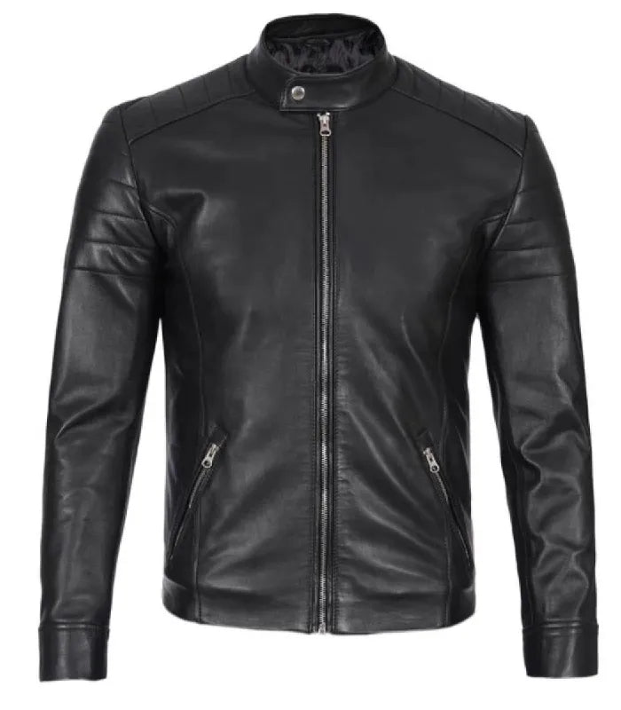 Front view of Men's Classic Black Leather Cafe Racer Jacket