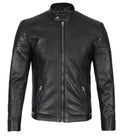 Front view of Men's Classic Black Leather Cafe Racer Jacket