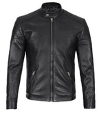Front view of Men's Classic Black Leather Cafe Racer Jacket