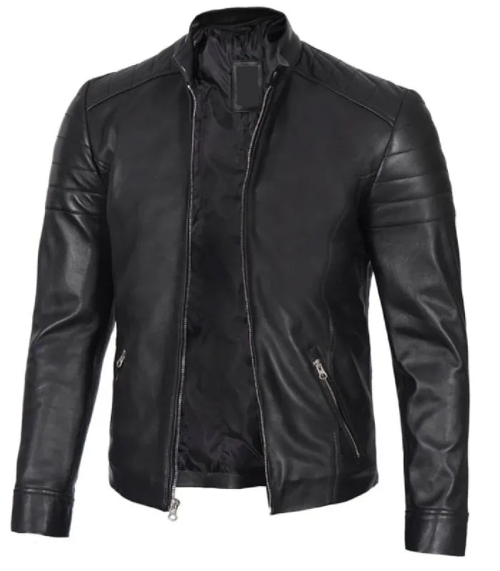 Detail view of Men's Classic Black Leather Cafe Racer Jacket