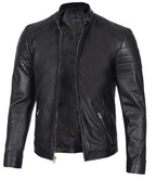 Detail view of Men's Classic Black Leather Cafe Racer Jacket