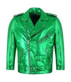 Front view of Men's Green Leather Biker Jacket