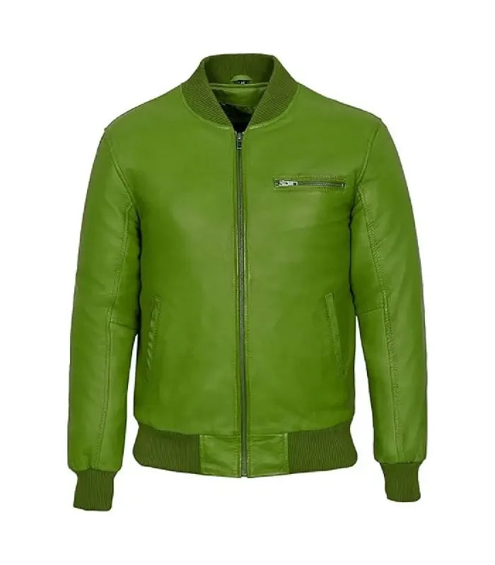 Front view of Green Bomber Leather Jacket