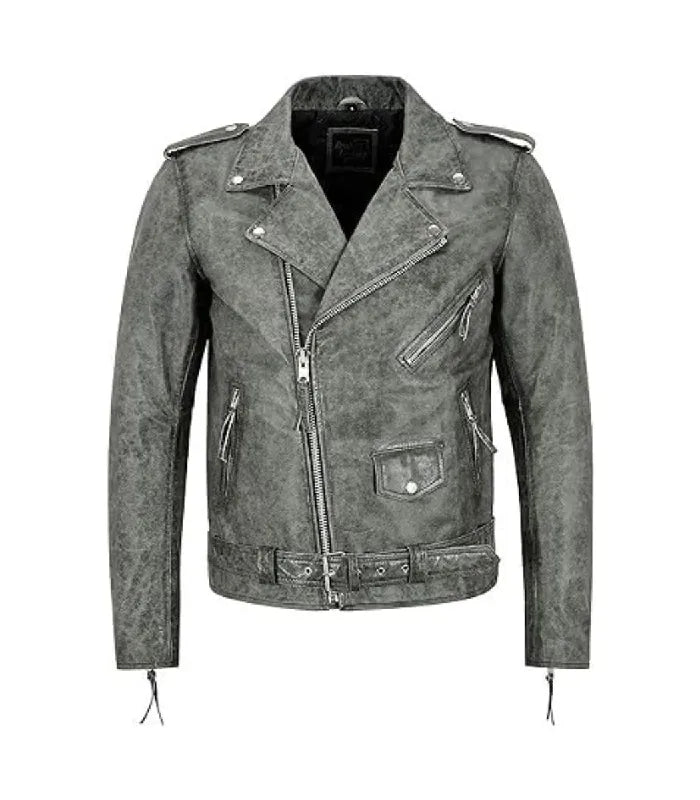 Front view of Men's Grey Leather Biker Jacket