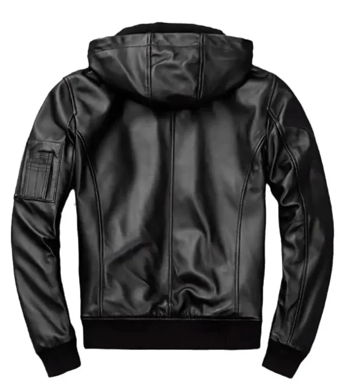 Back view of Black Hooded Bomber Leather Jacket