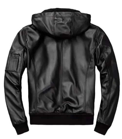 Back view of Black Hooded Bomber Leather Jacket