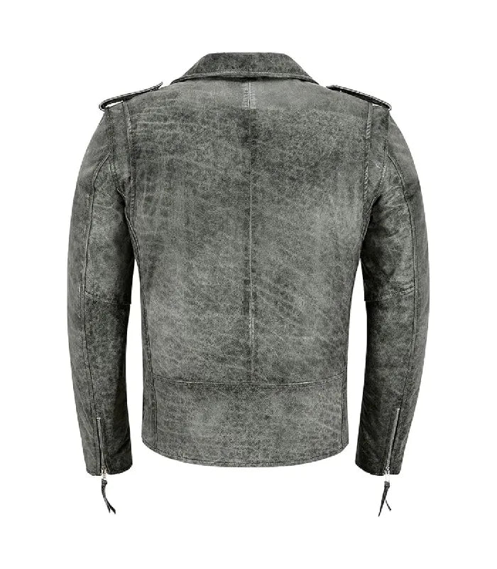 Back view of Men's Grey Leather Biker Jacket