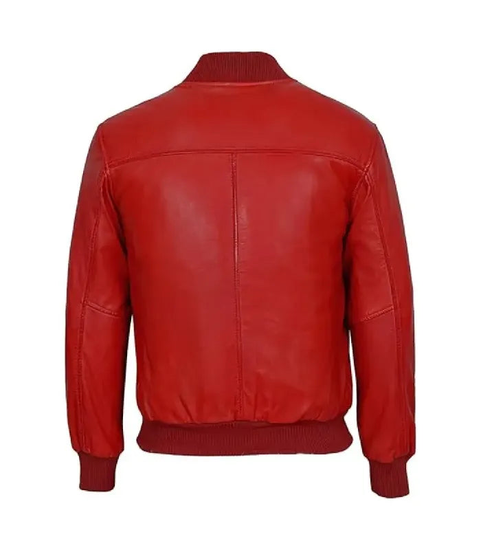 Back view of Men's Red Leather Bomber Jacket