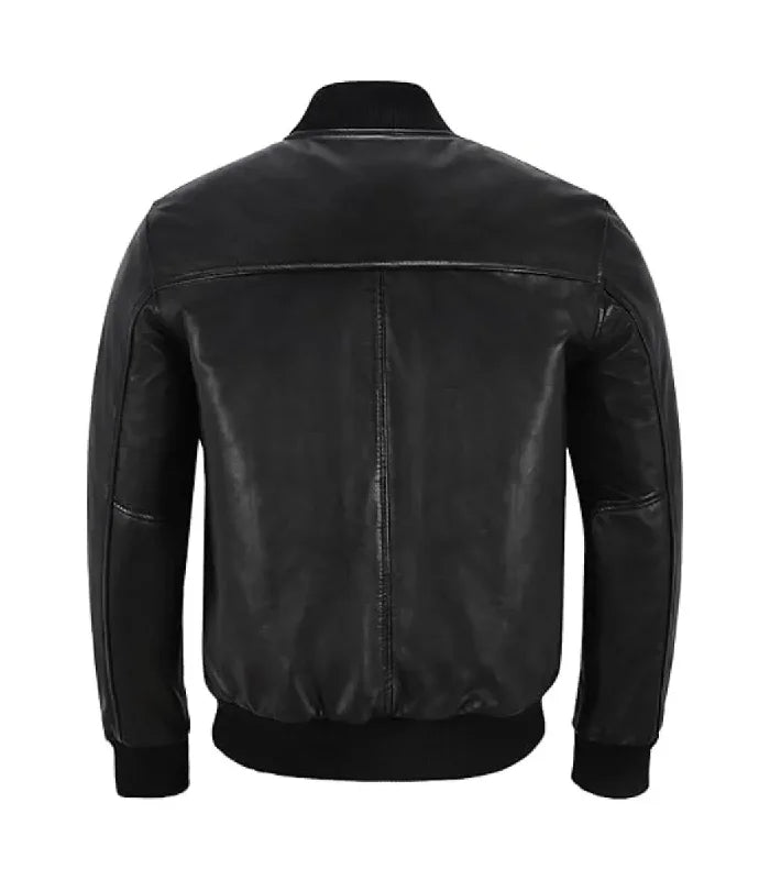 Back view of Men's Black Leather Bomber Jacket