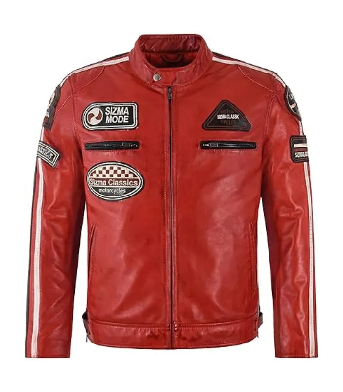 Front view of Men's Red Classic Motorcycle Jacket
