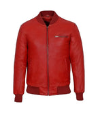 Front view of Men's Red Leather Bomber Jacket