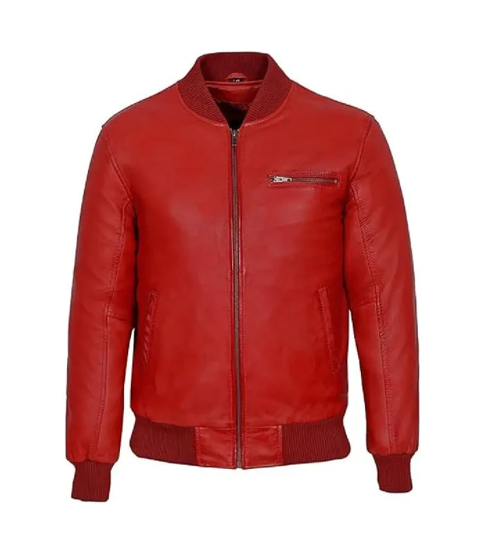 Front view of Men's Red Leather Bomber Jacket