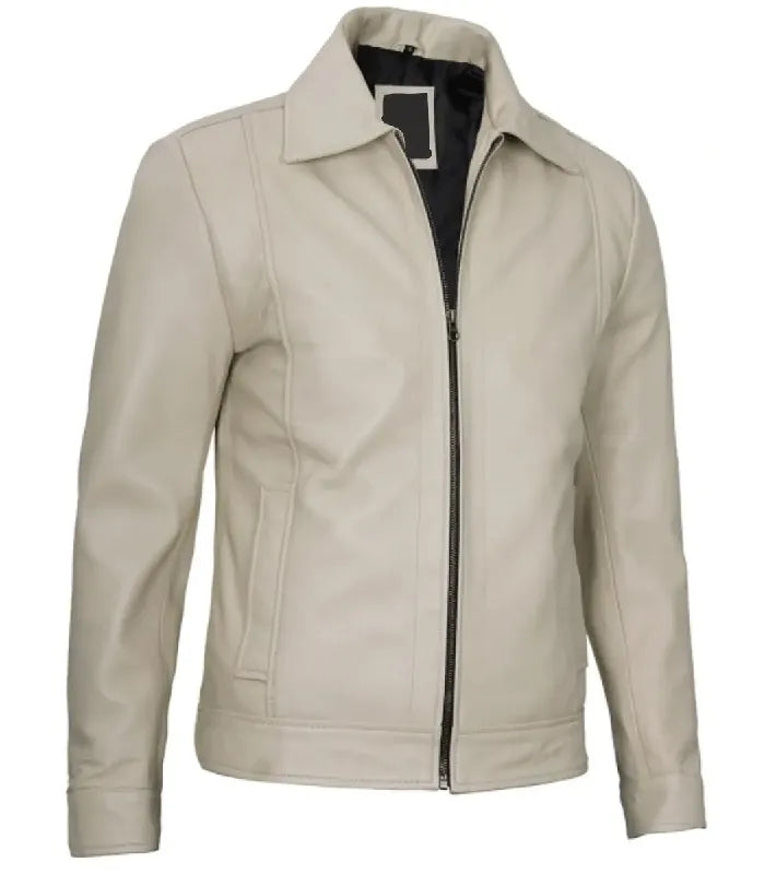 Side view of Shirt-Collar Beige Leather Jacket