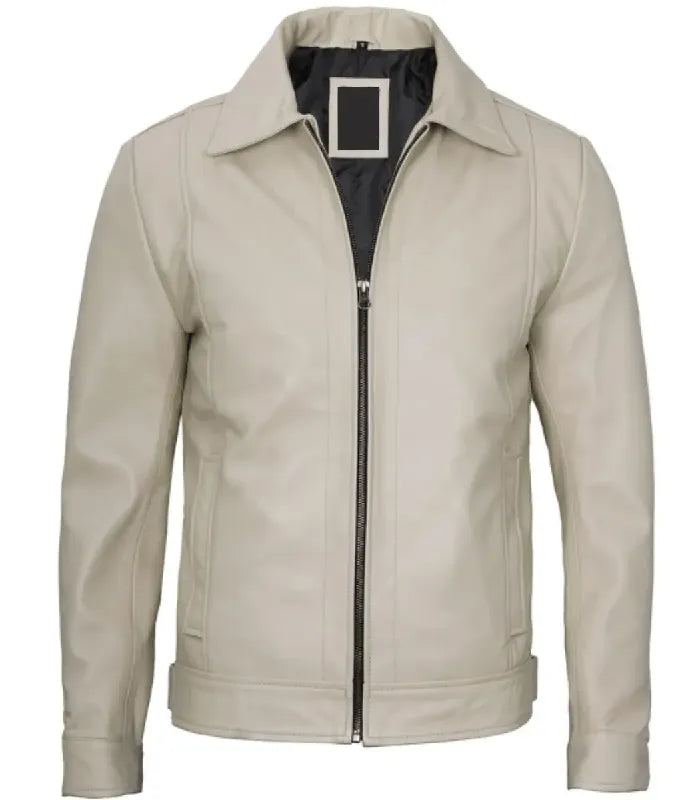 Back view of Shirt-Collar Beige Leather Jacket