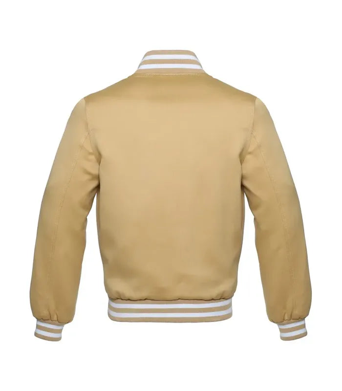 Back view of gold varsity jacket with white striped collar, cuffs, and hem for custom team wear