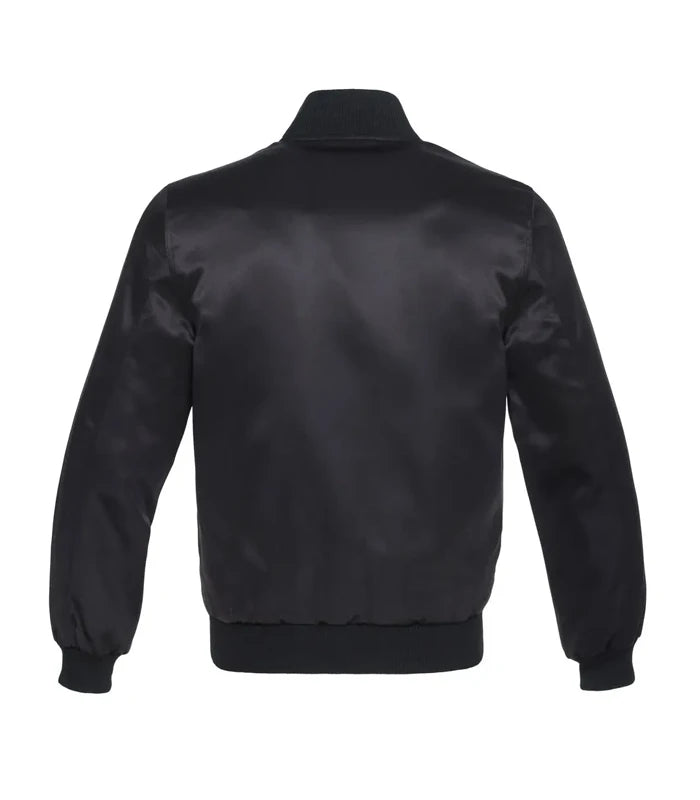 Black varsity jacket back view with satin finish and ribbed cuffs