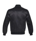 Black varsity jacket back view with satin finish and ribbed cuffs