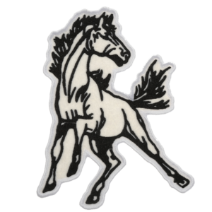 Black and white mustang embroidered patch featuring a rearing horse with flowing mane, raised front legs, and bold stitched outline.