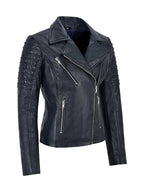 Back view of Women's's Navy Leather Biker Jacket