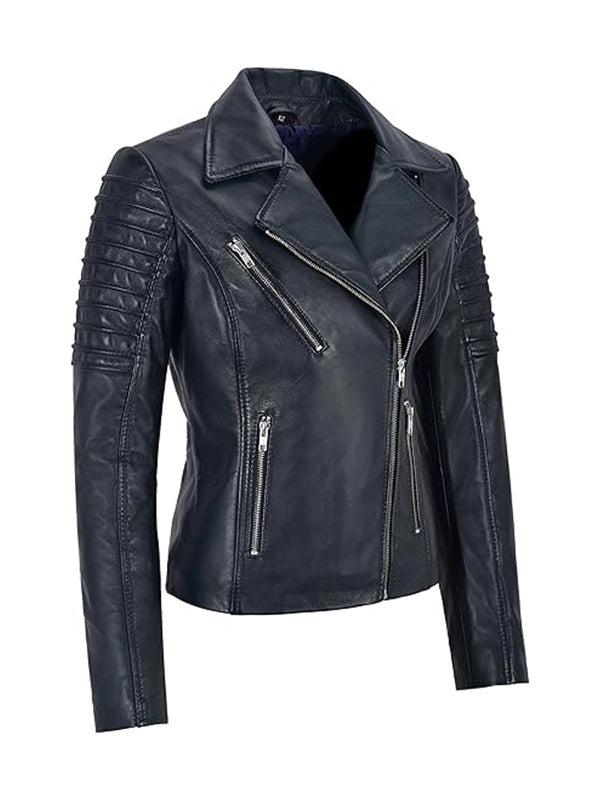 Back view of Women's's Navy Leather Biker Jacket