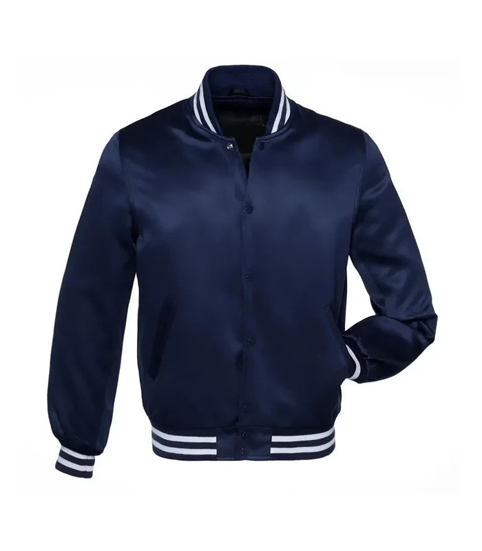 Navy blue varsity jacket with white striped cuffs and collar, customizable for teams or individuals