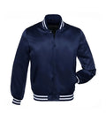 Navy blue varsity jacket with white striped cuffs and collar, customizable for teams or individuals