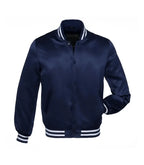 Navy blue varsity jacket with white striped cuffs and collar, customizable for teams or individuals
